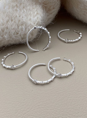 s925不对称四叶花尾戒小清新方形麻花戒指小众设计微镶时尚女指环