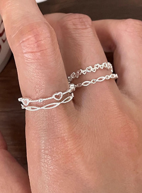 s925纯银爱心镂空戒指女ins甜美可爱简约不规则迷你心形开口指环