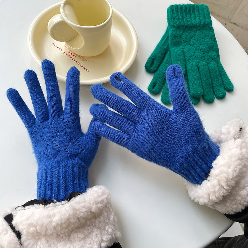 纯色手套女秋冬季加厚防寒保暖学生针织五指骑行毛线拼色触屏手套