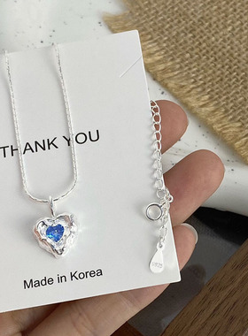 s925纯银熔岩蓝色爱心项链女ins冷淡风小众设计不规则心形锁骨链