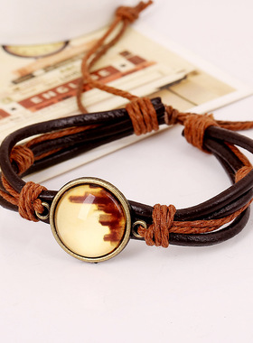 庞克饰品新款时光宝石手链抽拉调节简约皮手环跨境电电商货源