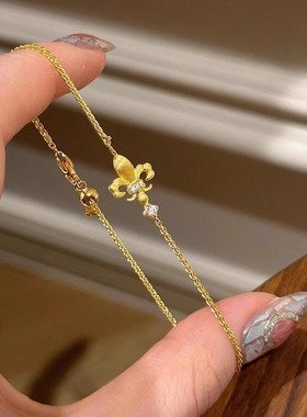 s925纯银法式复古拉丝鸢尾花闪钻手链女 轻奢中古风精致金色手饰