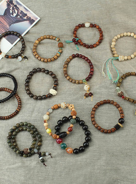 单圈简约时尚木珠多宝手串檀木猫抓菩提森系学生复古潮手链男女款