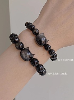 原创小众银曜石手链男女情侣款手链猫咪猫头女闺蜜个性甜酷手链