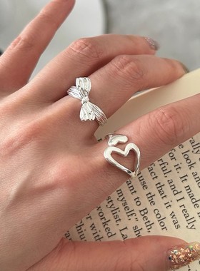 s925纯银镂空爱心戒指女ins冷淡风小众设计简约百搭心形开口指环