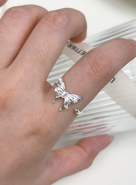 实拍s925纯银不规则立体蝴蝶戒指女ins轻奢仙女精致闪钻开口指环