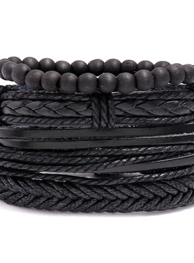 跨境热销配饰手工编织复古手链diy组合四件套多层皮革手链手绳