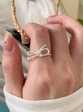 s925纯银蝴蝶结绑带戒指女ins轻奢小众设计精致简约闪钻开口指环