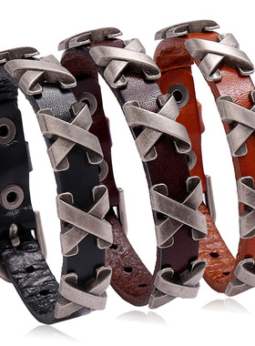 庞克跨境电商货源 酒吧街舞饰品 X钉男士牛皮手链 可调节复古手饰