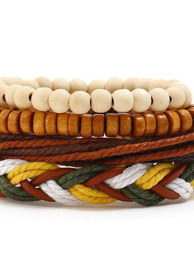 厂家直销网红手链复古手工编织diy四件套牛皮手链简约麻绳手绳