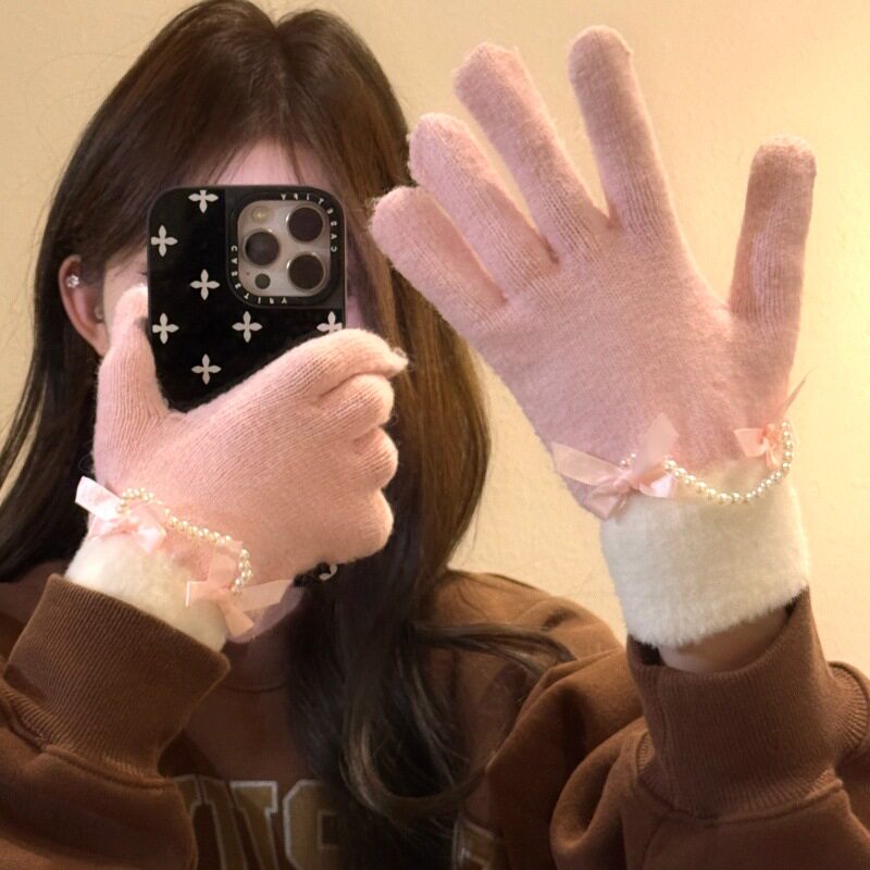 蝴蝶结珍珠链针织毛线手套女秋冬百搭保暖防寒露指可触屏分指手套