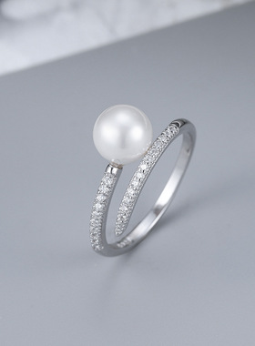 万美跨境韩版S925银珍珠戒指可调节时尚简约轻奢指环DIY空托饰品