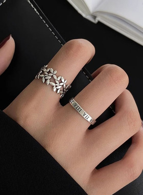 s925纯银橄榄叶戒指女ins潮小众设计冷淡风光面复古镂空叶子指环