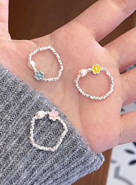 s925纯银天然淡水珍珠小花碎银子戒指小众设计弹力绳甜美弹力指环