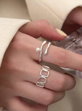 s925纯银天然淡水珍珠不规则线条戒指女ins小众极简独特设计指环