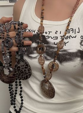 复古名族风水晶豹纹平安扣串珠项链女小众废土个性气质百搭项链