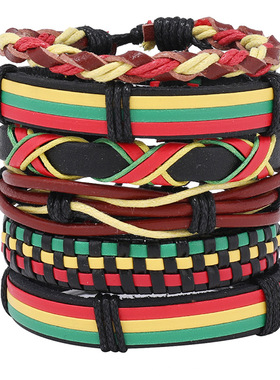 跨境热销牙买加红黄绿手工编织皮革手链嘻哈hiphop街舞皮革饰品