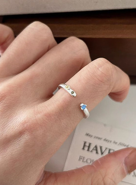 s925纯银彩色锆石戒指女ins甜美简约糖果色闪钻磨砂哑光开口指环