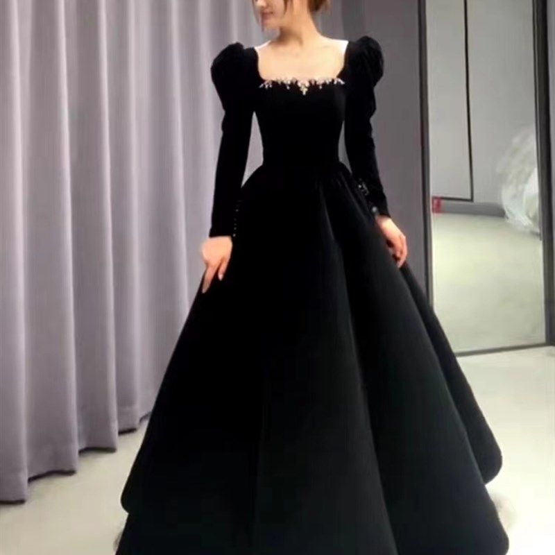 黑色晚礼服高端轻奢小众成人礼裙女生日演出主持人宴会订婚敬酒服