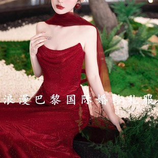 超闪红色抹胸鱼尾敬酒服法式回门答谢订婚生日小众宴会新娘礼服女