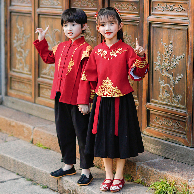 新品儿5童元旦演出服汉服小学生国学班服春秋装唐装男女9童古装表