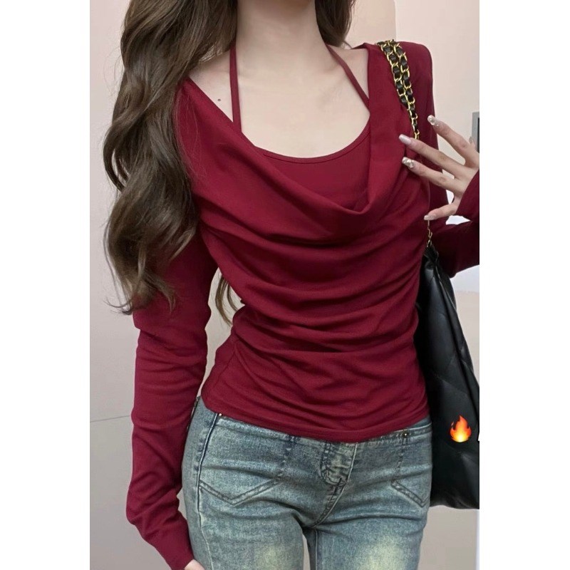 速发大码辣上性感收腰锁骨妹衣挂脖长红春季纯欲风酒袖t恤