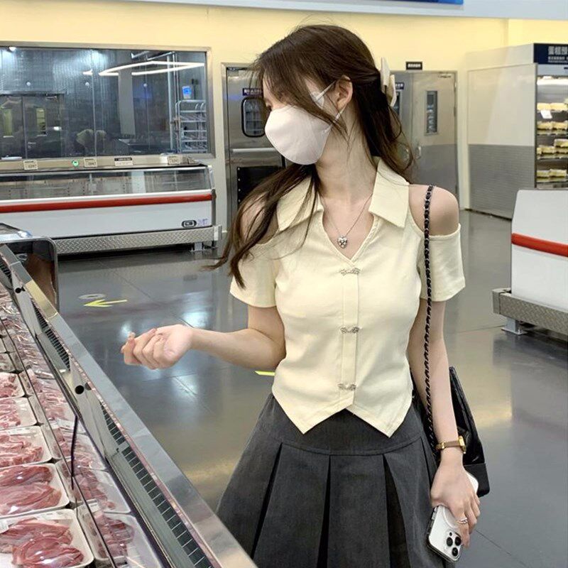 速发带o子的正肩T恤夏小众设计感不规则短款P领领甜辣风上衣