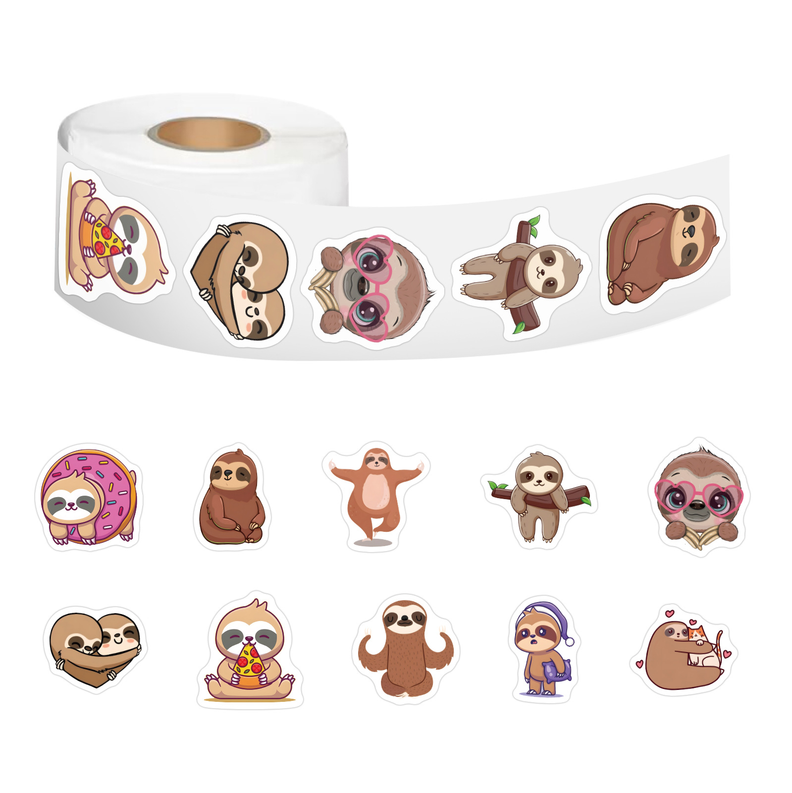 500贴卡通可爱动物树懒圆形迷你小贴纸卷卷贴女孩儿童奖励电动车笔记本电脑平板镜子纸袋封口装饰贴画小图案