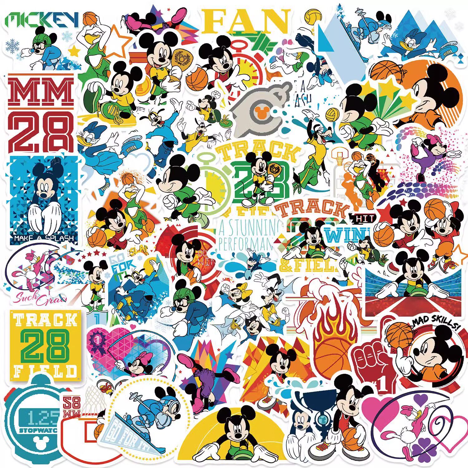 50张卡通运动米奇米老鼠形象涂鸦贴纸儿童保温水杯笔记本电脑平板吉他电动车头盔手机后壳防水贴画迪士尼正版