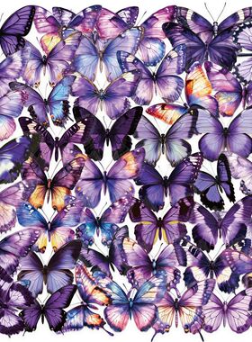 50张透明紫色蝴蝶系列贴纸昆虫儿童装饰DIY手账笔记本电脑手机水杯电动车玻璃行李箱防水贴画超薄清新无白边