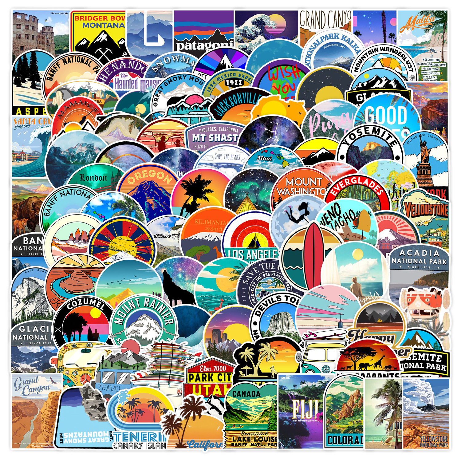 100张旅行主题户外风景涂鸦贴纸城市行李箱汽车电动车头盔笔记本电脑平板ipad手机壳后背水滑板车板防水贴画