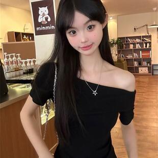 2024新款 收腰显瘦纯色套头上衣ins潮纯欲风气质斜肩短袖 T恤女夏季