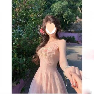 法式 夏季 甜美温柔仙气收腰长款 连衣裙花朵蕾丝吊带长裙显瘦修身