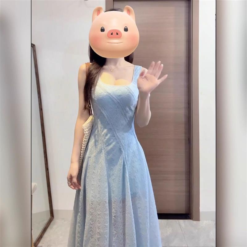 法式绝美蓝色蕾丝吊带连衣裙女夏季高级感气质收腰生日礼服长裙子