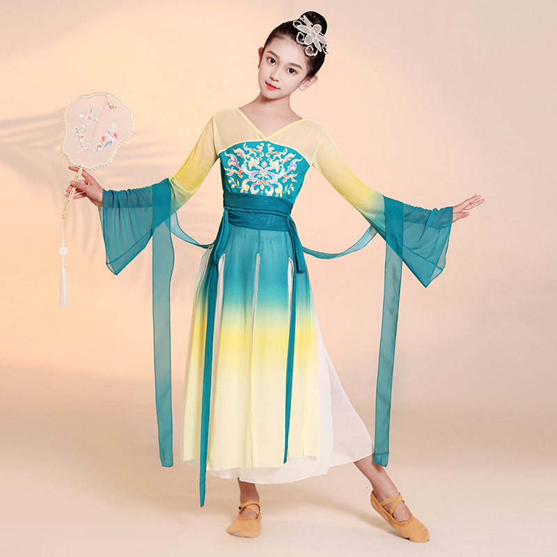 儿童古典舞练功服节目演出服飘逸中国舞扇子舞表演服装纱衣汉服