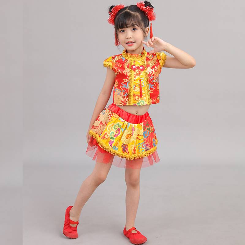 六一儿童打鼓演出服装中国梦娃民族秧歌舞幼儿园喜庆表演服男女童