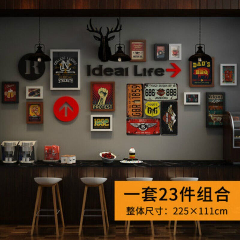 极速酒吧背景墙装饰画复古饭厅壁画意饭店烧烤店挂画组合工业风装图片