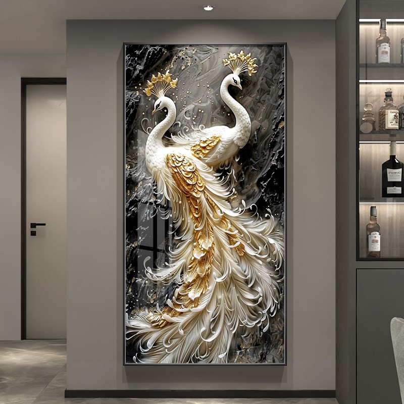极速孔雀挂画入户玄关装饰画竖版高级感浮雕感肌理画过道走廊尽头图片