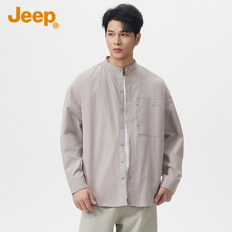 JEEP吉普立领亚麻衬衫男款长袖秋季新款宽松简约舒适休闲衬衣外套