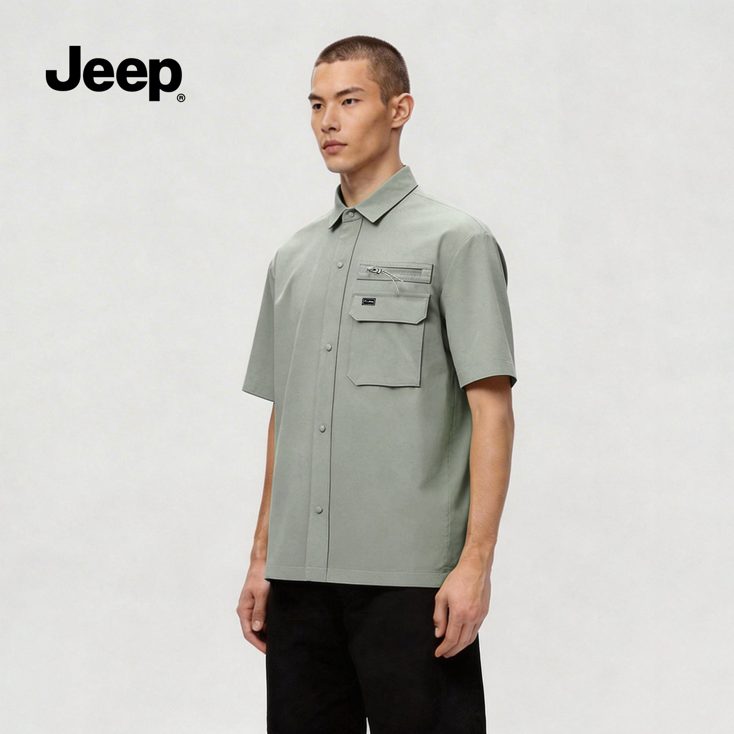 Jeep吉普工装风翻领短袖衬衫男士2026年夏季新款大码宽松衬衣外套