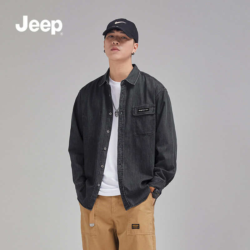 jeep吉普官方牛仔衬衫男款休闲黑色潮牌夹克秋冬季纯棉休闲外套X