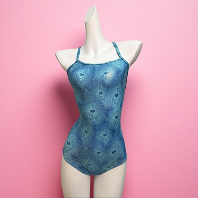 孔雀蓝烫金速干美背三角连体泳衣