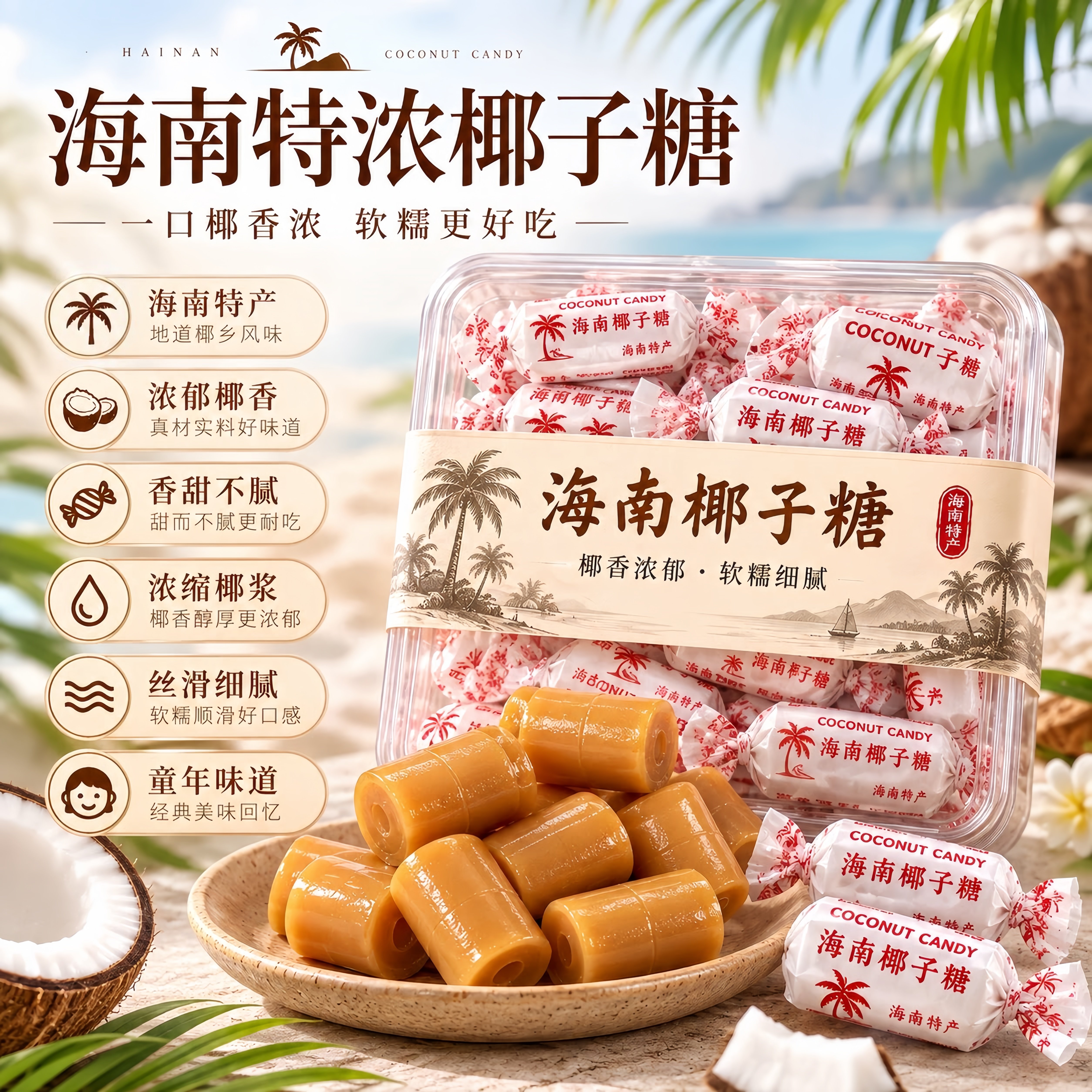 传统特浓椰子糖特制正宗海南特产椰奶糖老式硬糖水果糖果喜糖零食