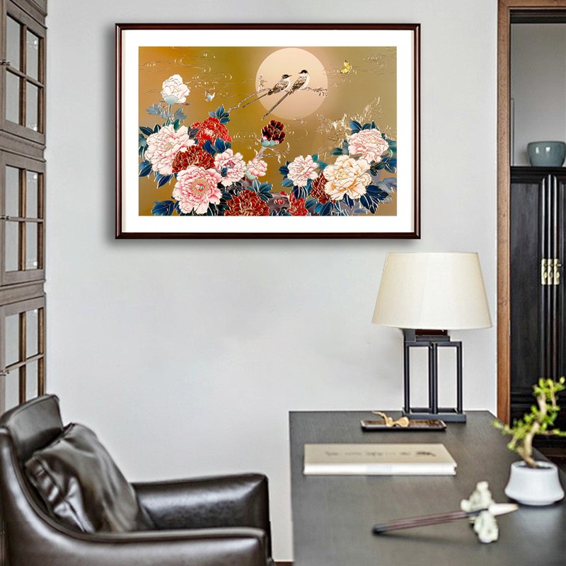 客厅电表箱装饰画l中古风花开富贵铜雕画高品质遮挡箱挂画牡丹壁图片