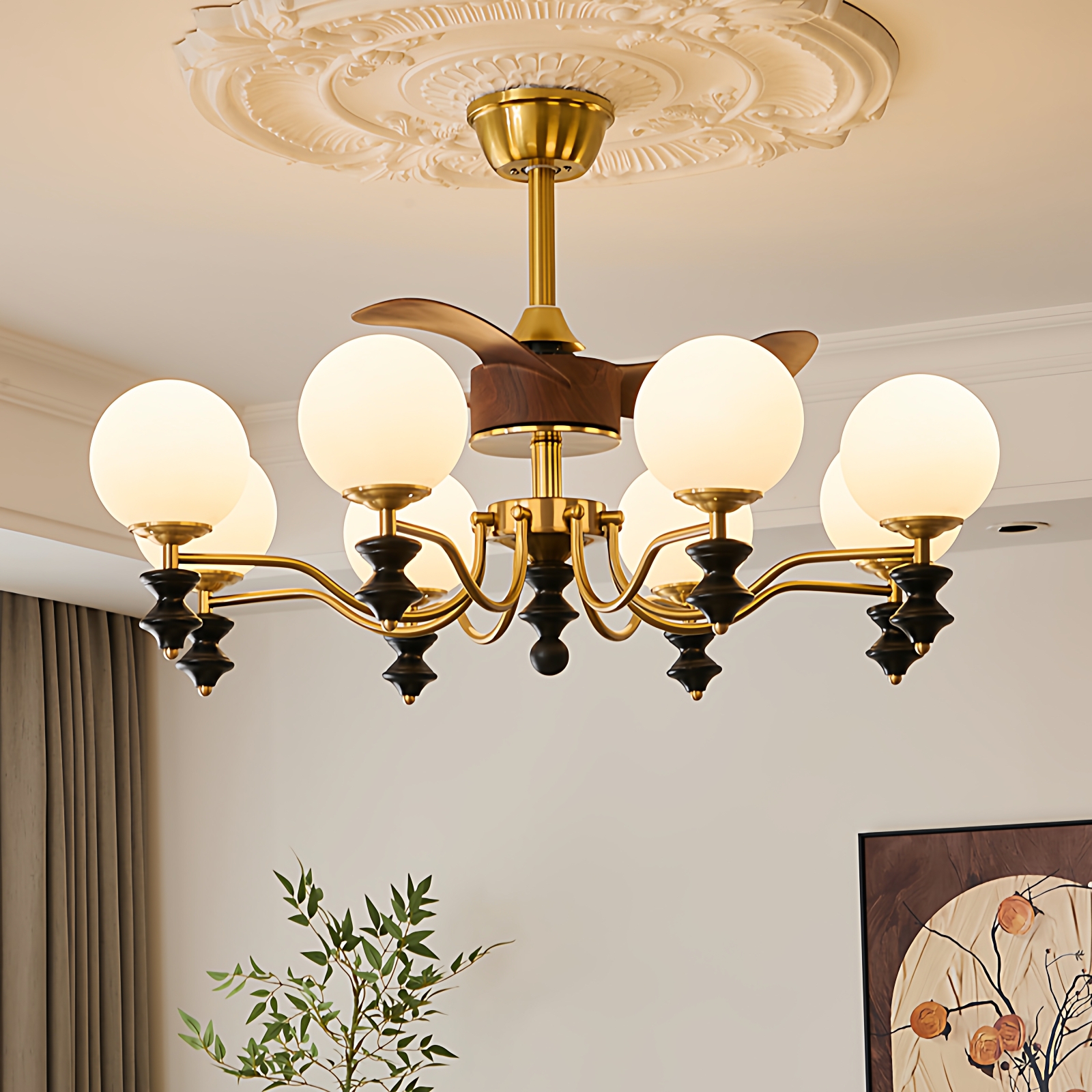 中古风胡桃木色客厅风扇灯