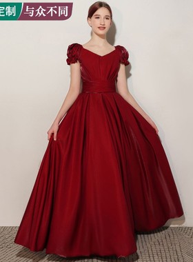 女大童小提琴演奏比赛长款红色公主裙儿童长笛钢琴古筝演出晚礼服