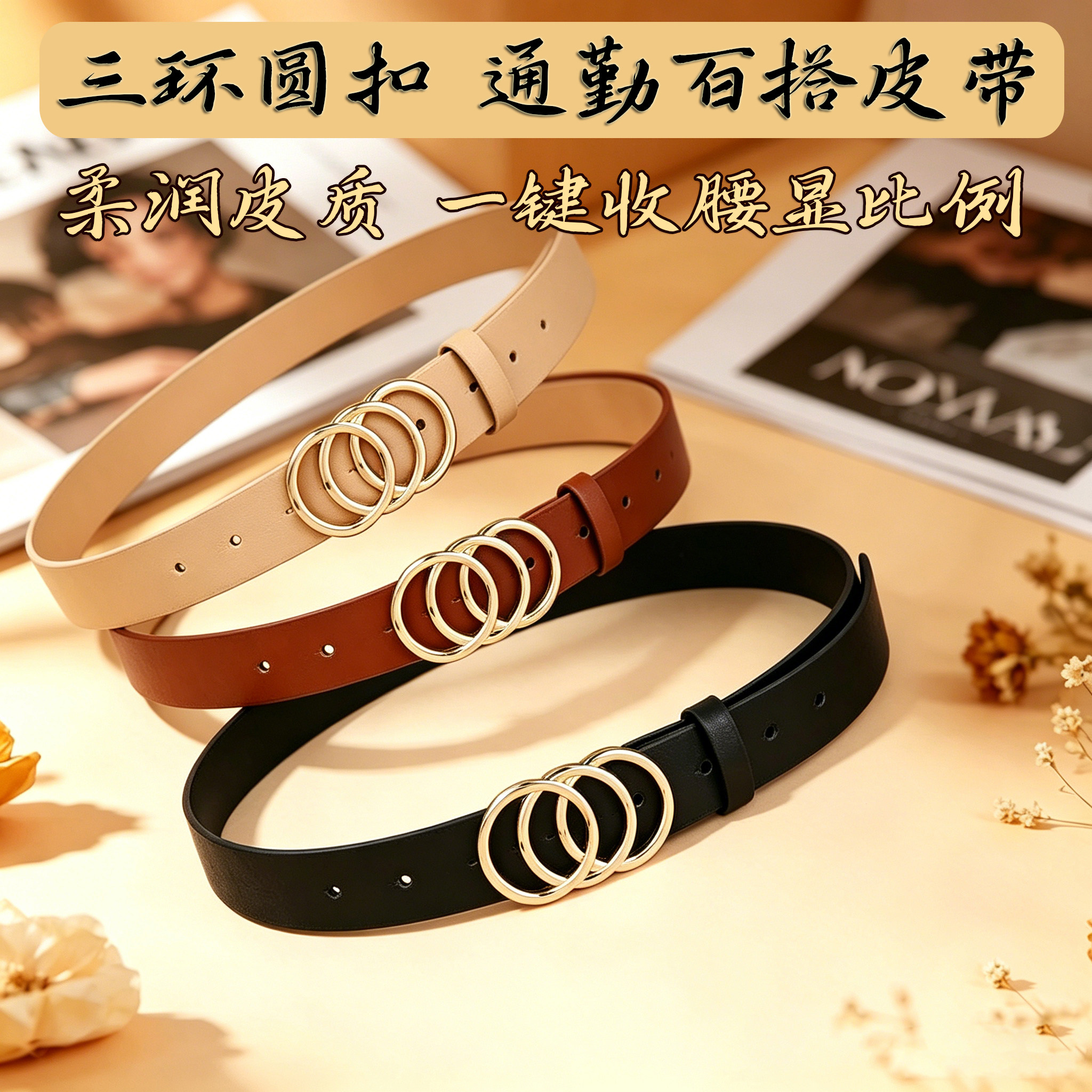 女式皮带韩版ins风三圈板扣腰带女时尚高级感百搭外套牛仔裤腰带