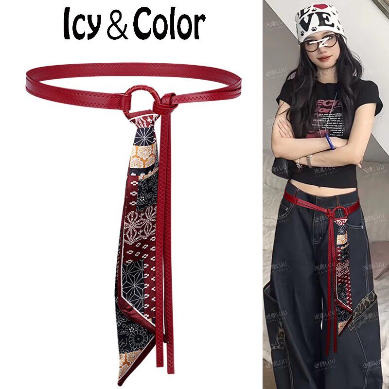 梓渝同款红色腰带配饰女细丝巾丝带腰链皮带绳装饰牛仔裤裤子挂饰