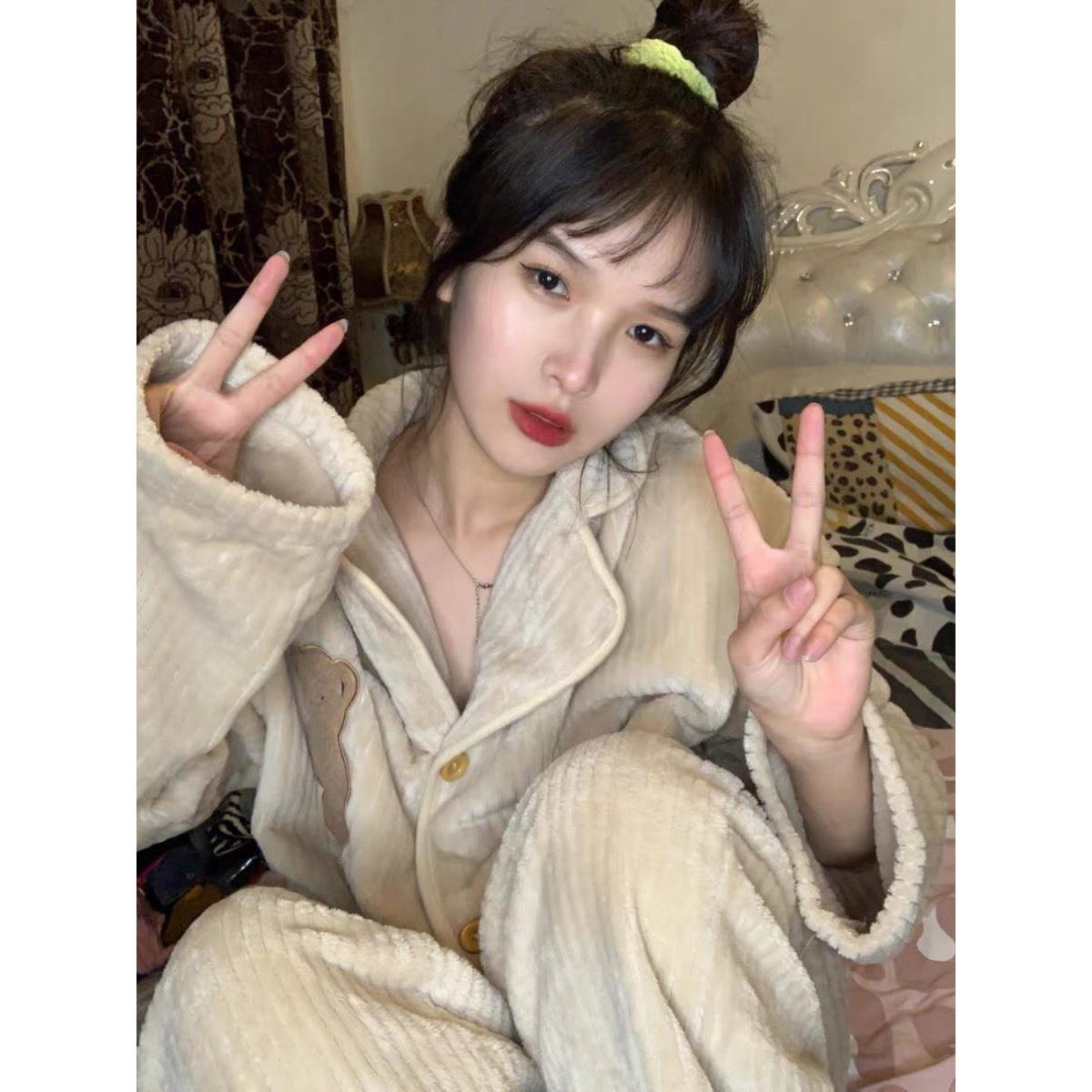 韩版ins少女可爱学生珊瑚绒睡衣女冬季高级感加绒加厚居家服套装