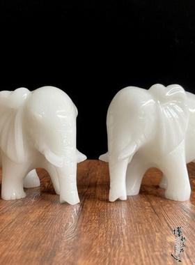 白玉吸水大象摆件一对动物客厅玄关家居装饰品天然玉石雕刻新中式